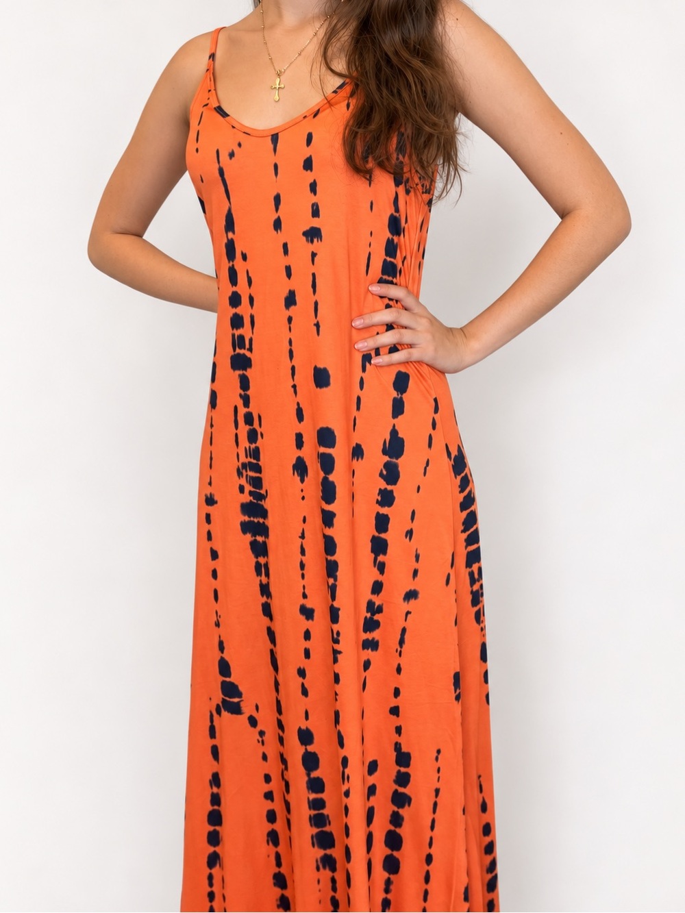 Orange & Navy Blue Long Tie Dye Slip Dress